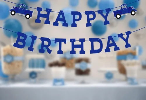 Vista 4 de Decoraciones de cumpleaños de camión azul pre-encordado azul feliz cumpleaños banner pequeño camión fiesta suministros favores