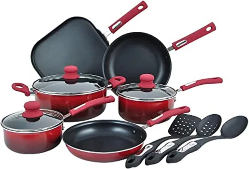 Vista 9 de Hamilton Beach Juego de utensilios de cocina cubiertos de aluminio, sartén antiadherente, horno holandés con mango de baquelita suave al tacto, Negro