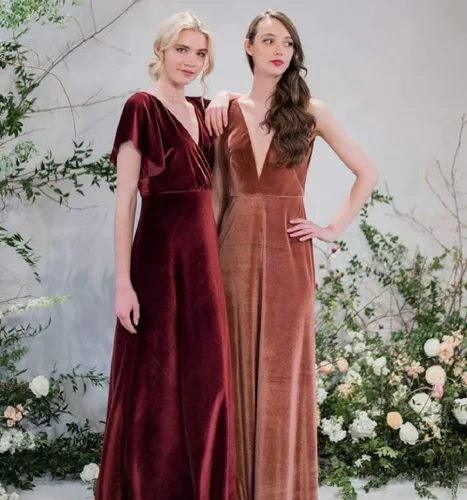 Vista 6 de Ababalaya Vestidos de dama de honor largos de terciopelo para mujer vestidos formales para inviernootoño boda