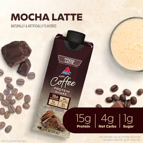 Vista 3 de Atkins - Batido proteico de café moca helado, 0.53 onzas de proteína, bajo índice glucémico, 0.14 onzas de carbohidratos netos, 0.03 onzas