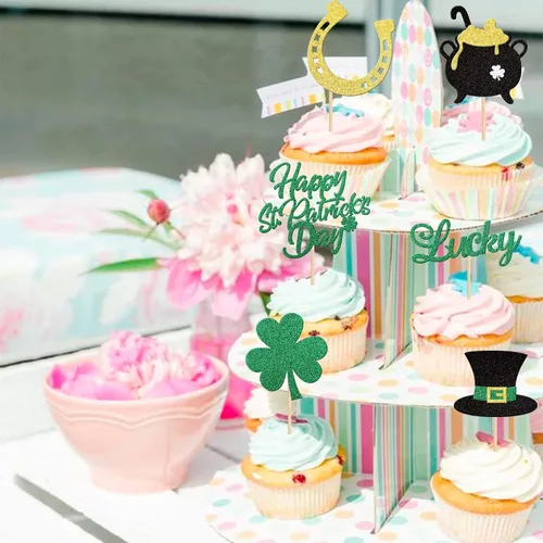 Vista 5 de 24 piezas de adornos para cupcakes del día de San Patricio, trébol con purpurina de tres hojas, trébol de la suerte, para cupcakes, sombrero