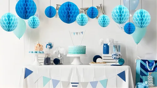 Vista 4 de ZOOYOO 12 piezas 15 cm 25 cm bolas de panal decorativas de papel de seda con pompones colgantes para cumpleaños, baby shower, boda, compromiso, Azul