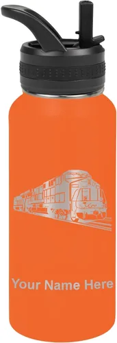 Vista 55 de LaserGram Botella de agua personalizada, tren de carga, acero inoxidable de doble pared aislada al vacío con popote superior, regalo grabado Negro