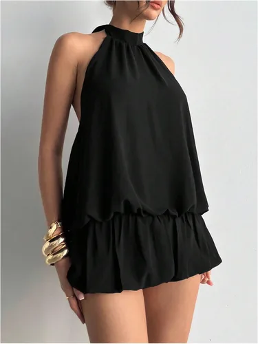 Vista 3 de Floerns Mini vestido sin mangas con volantes y dobladillo de burbujas para Negro