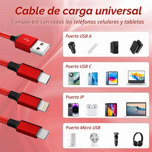 Vista 3 de Cable de carga múltiple 3 en 1, paquete de 2 cables USB de nailon trenzado