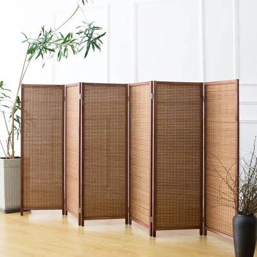 Vista 7 de Furnnylane Pantalla divisora corta de habitación de 3 paneles, partición independiente beige, pequeño divisor de panel de bambú para separación