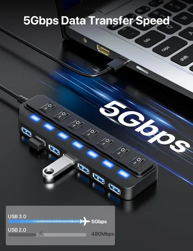Vista 3 de WIRWTRU Hub USB de 7 puertos, divisor de concentrador USB 3.0 con interruptores LED individuales de encendido/apagado, concentrador USB para PC
