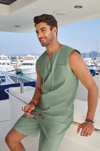 Vista 3 de COOFANDY Men Linen Sets Outfit Yoga Kilt Renaissance Medieval Viking Pirate Set