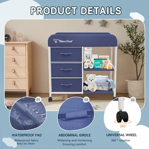 Vista 3 de Mesa cambiadora para bebé, mesa cambiadora portátil, estación de cambio de pañales con almohadilla impermeable, cómoda cambiadora con 3 cestas