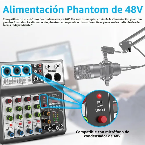 Vista 5 de Aveek Mezclador de Audio Profesional, Consola de Mezcla de Placa de Sonido con 5 Canales Digital USB Bluetooth, Efecto de Eco y Retraso, Entrada