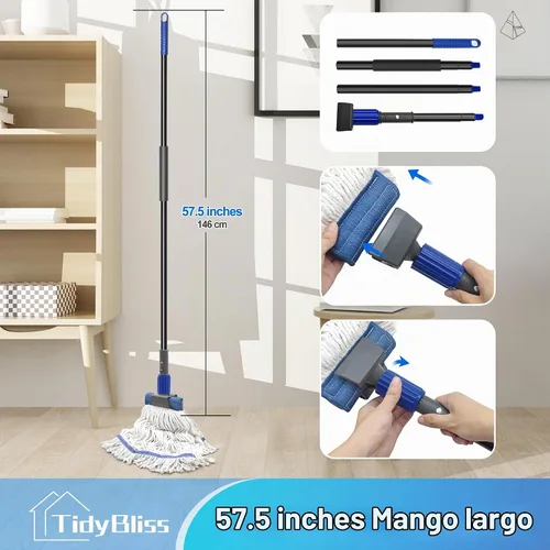 Vista 3 de TidyBliss Trapeador Comercial de Servicio Pesado, Mango Largo de 57.5 Pulgadas, Trapeador Industrial de Cuerda con Extremo de Bucle Grande