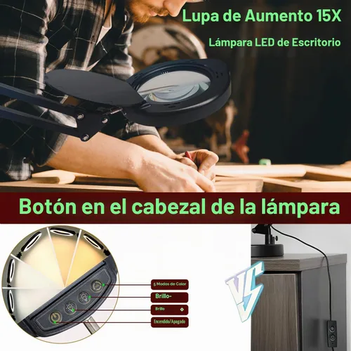Vista 3 de Lupa 15X con luz y abrazadera, 5 modos de color, 10 niveles de brillo ajustable, lámpara de escritorio 2 en 1 con abrazadera, lupa manos libres
