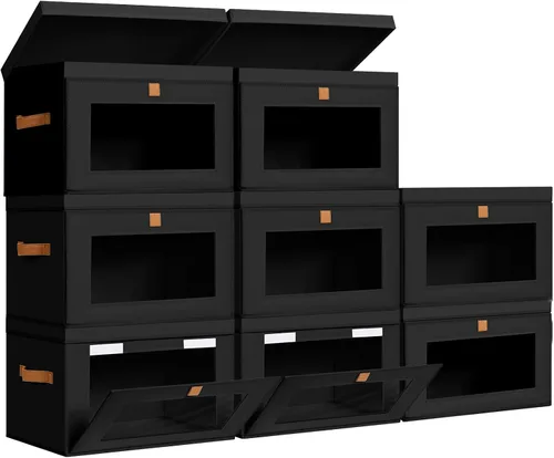 Vista 29 de DIMJ Contenedores de Almacenamiento con Tapas - Paquete de 4 Organizadores Grandes de Tela para Armario con Ventana y Asas, Cajas de Almacenamiento