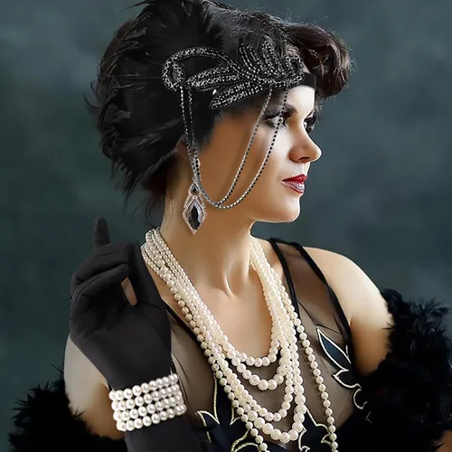 Vista 2 de DRESHOW Juego de accesorios del Gran Gatsby de los años 20 para mujer, accesorios de disfraz de flapper, diadema de plumas, juego de accesorios de 1