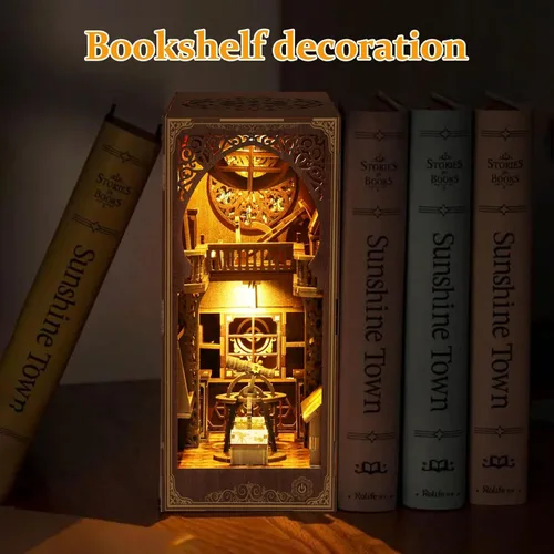 Vista 3 de Kit de rincón de libro para adultos, kit de construcción de casa de muñecas en miniatura, rompecabezas de madera 3D con sensor de luz LED