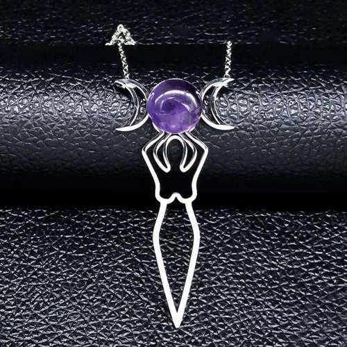 Vista 3 de PNJGoldent Wiccan Triple Moon StainlessSteel Necklace for Women Purple Crystal Triple Goddess Symbol Necklace Jewelry Bisuteria