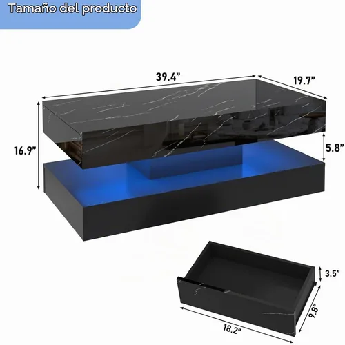 Vista 2 de chartustriable Mesa auxiliar grande de 39.4 pulgadas con LED de alto brillo con 2 cajones deslizantes, mesas de centro de almacenamiento para sala