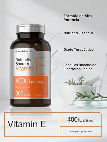 Vista 3 de Horbäach Suplemento de vitamina E 400 UI (268 mg) 300 cápsulas de cápsula blanda D-Alpha Tocoferol Fórmula sin OMG y sin gluten