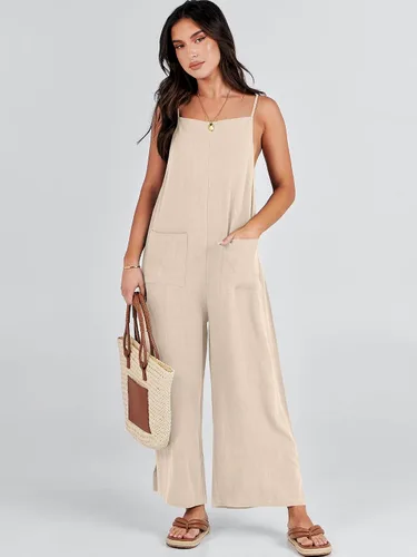 Vista 2 de ANRABESS Overol de lino con bolsillos para mujer, estilo casual, suelto, largo, con pierna ancha