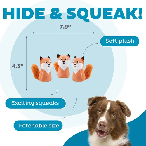 Vista 4 de Outward Hound Squeakin' Fox Hide A Puzzle Juguetes de Peluche de Repuesto para Perros - Paquete de 3 Zorro
