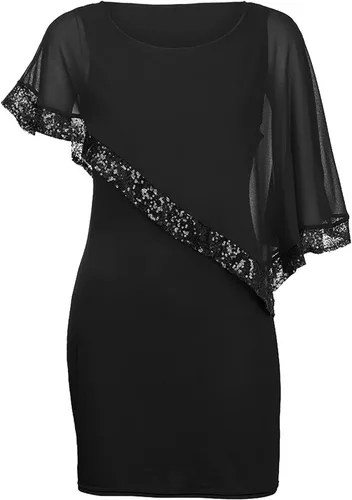 Vista 2 de Vestidos irregulares de verano con lentejuelas negras de gasa con hombros descubiertos, cuello redondo, manga corta, huecos, para mujer