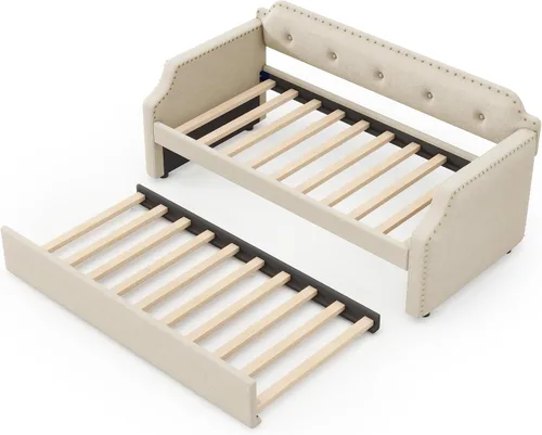 Vista 5 de Sofá cama tamaño individual con trundle, marco de sofá cama individual tapizado, sofá cama para dormitorio y sala de estar, beige