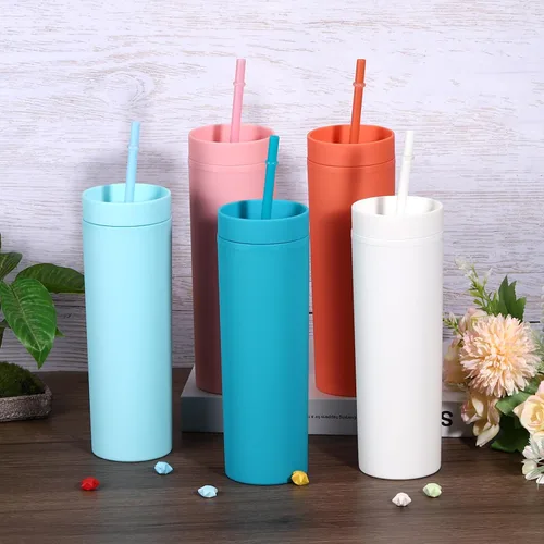 Vista 4 de uxcell Vaso delgado con tapas y pajitas, vaso delgado de 16 onzas color negro mate a granel, vaso acrílico pastel reutilizable, vaso de plástico