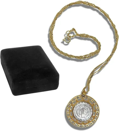 Vista 4 de El mundo cristiano de San Benito colgante con tono dorado y collar de recuerdo de medalla en tono plateado, vbn-fh-233
