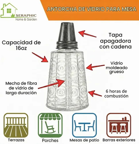 Vista 5 de Seraphic Antorchas de citronela para decoración de mesa de patio exterior Transparente