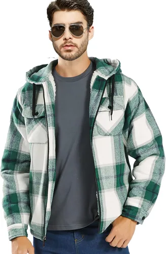 Vista 3 de V VALANCH Chaqueta de franela para hombre con capucha, manga larga, abrigo a cuadros con cremallera, sudadera gruesa con 4 bolsillos