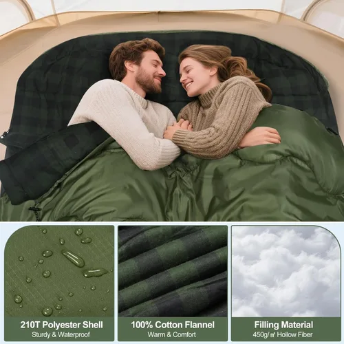 Vista 4 de Saco de dormir doble de franela de 0 grados para adultos, parejas o familia, tamaño Queen de invierno, impermeable y cálido, saco de dormir para 2