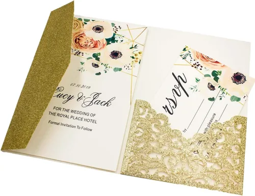 Vista 14 de Juego de 25 tarjetas de invitaciones de boda de 5 x 7.28 pulgadas con purpurina dorada clara, tres pliegues, cortadas con láser, corte hueco