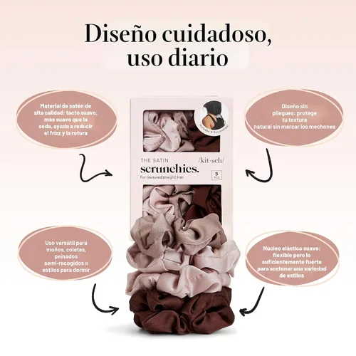 Vista 4 de Kitsch - Coleteros de satén para mujer, bandas para el cabello sin daños, cameo, 5 piezas Wake Up Frizz-Free, No Crease Hair Ties, Softer Than