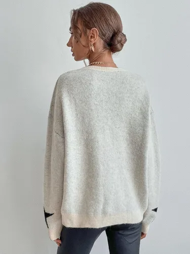 Vista 2 de SOLY HUX Suéter de manga larga con cuello redondo y estampado de estrellas para mujer, Beige