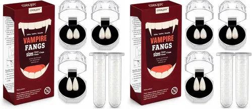 Vista 9 de COOLJOY 3 tamaños de dientes de vampiro con colmillos adhesivos para cosplay de Halloween, dientes falsos blancos de terror, accesorios