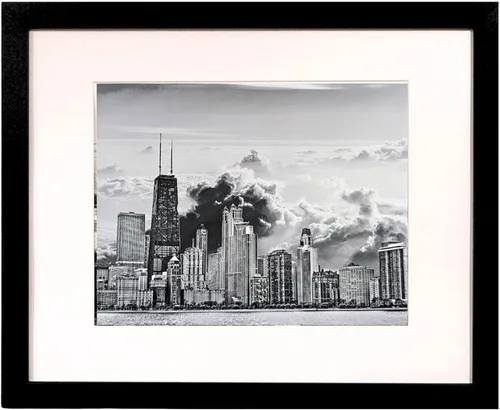 Vista 10 de iFrame Impresión de puente de dibujo de Chicago con paspartú para fotos, arte de pared de la ciudad de Chi en blanco y negro