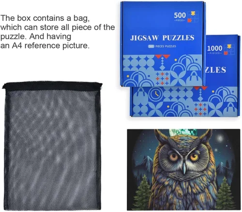 Vista 6 de Rompecabezas de madera de 500 piezas con hermoso estampado de bosque de búhos, con bolsa de almacenamiento con partición del alfabeto, fácil