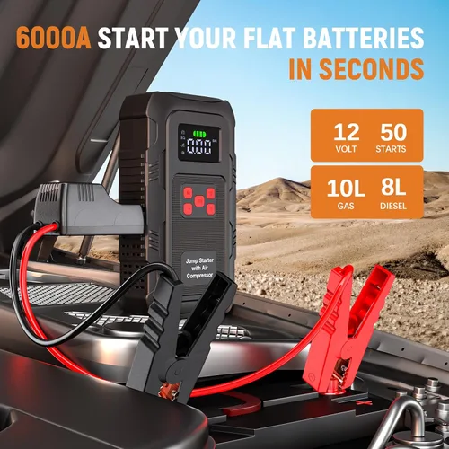 Vista 3 de Arrancador de 6000A con compresor de aire, arrancador de batería de automóvil portátil con inflador de neumáticos de 150 PSI para motores de hasta