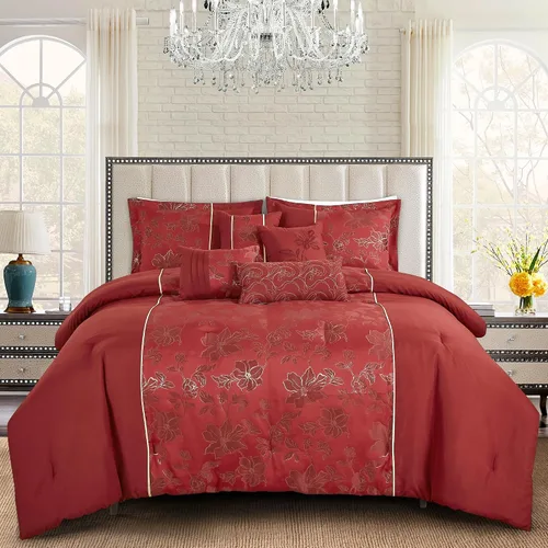 Vista 13 de ESCA Juego de edredón floral morado Queen - 7 piezas de ropa de cama botánica ciruela malva