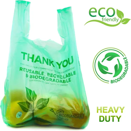Vista 4 de Paquete de 50 bolsas de camiseta con asas de 22 x 12 pulgadas, bolsas de plástico biodegradable verde para compras, bolsas de agradecimiento
