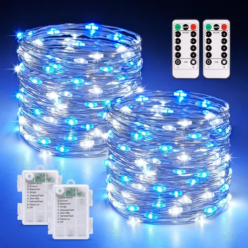 Vista 18 de JMEXSUSS Paquete de 2 Luces de Hadas Verdes a Batería, Total 200 LED 66 pies Luces de Cadena Parpadeantes con Control Remoto, 8 Modos de Luces