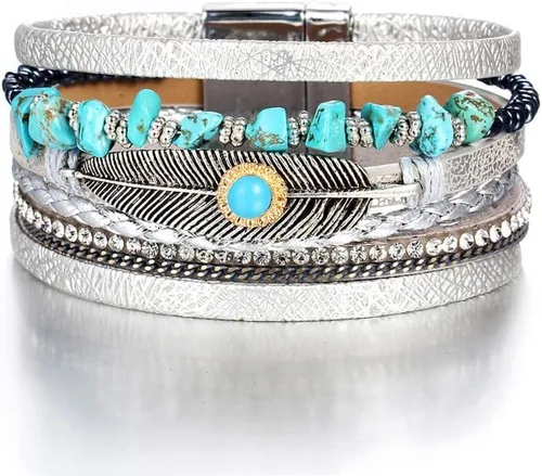 Vista 24 de Fesciory - Pulsera de leopardo para mujer, estilo bohemio de cuero multicapa con perlas de cristal