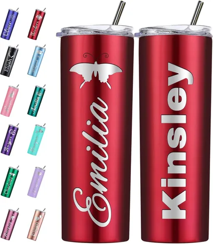 Vista 16 de Vaso personalizado personalizado con nombre grabado y logotipo, vasos delgados personalizados con tapa y pajita, vaso aislado de acero inoxidable