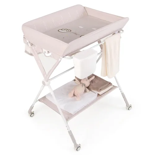 Vista 10 de HONEY JOY Cambiador, organizador plegable para guardería con estante abierto y cinturón de seguridad, estación de cambio de pañales portátil