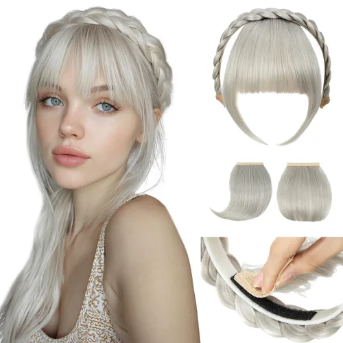Vista 14 de SARLA Diadema trenzada con 3 flequillos desmontables con clips, extensiones de cabello con flequillo para mujer, banda de cabello sintética falsa