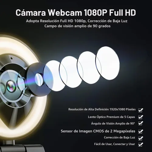 Vista 2 de Cámara web para computadora 1080P con micrófono doble, luz derecha ajustable, cámara web para PC, enfoque automático avanzado con trípode, cámara