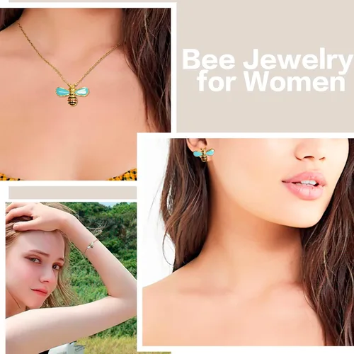 Vista 2 de CHEERSHINE Bee Jewelry Set, 18K Gold Necklace Bracelet Earrings Set Bee Pendant, Adjustable Necklace Bracelet Charm Jewelry Set Valentine's Day Gift