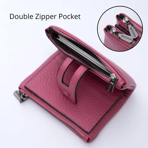 Vista 3 de Bveyzi Cartera pequeña de cuero suave para mujer, con bloqueo RFID, tarjetero con doble bolsillo con cremallera