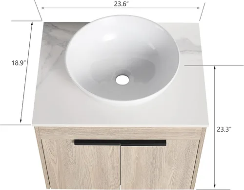 Vista 2 de Armario de tocador de baño de 24 pulgadas, tocador de baño flotante con lavabo de cerámica, moderno juego de tocador de baño colgante de roble