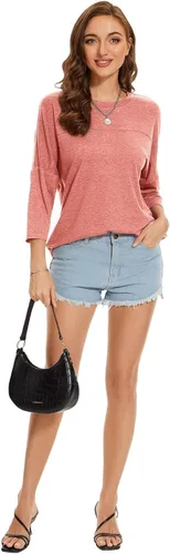 Vista 127 de ZENNILO Camisetas casuales de manga 3/4 para mujer, holgadas, cuello redondo, lindas camisetas básicas